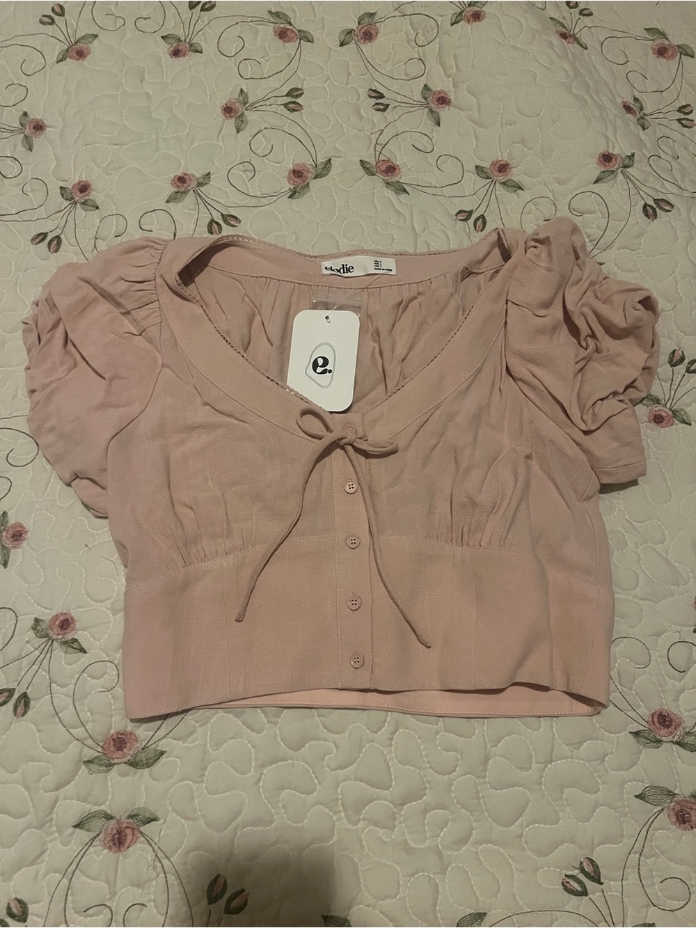 Elodie Blush Pink Puff-Sleeve Tie-Front Crop Top